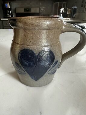 Handmade Rowe Pottery Works Creamer, Gray/Blue, Salt Glaze, Heart Design